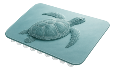 A mat with suction cups and a sea turtle design, adding an aquatic theme to a beach house bathroom.