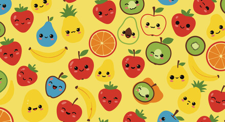 A vibrant seamless pattern features an assortment of cheerful cartoon fruits with adorable faces, creating a playful background on a bright yellow canvas.
