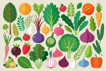 Colorful flat design collection of assorted fresh vegetables and fruits