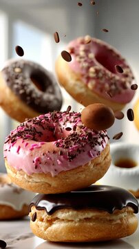 Tasty pastry: donut delight, golden round, fluffy texture, sugar coat, warm glaze, breakfast joy, sweet ring, frosted surface, baked charm, dessert treat, oven aroma, soft crumb, snack swirl.