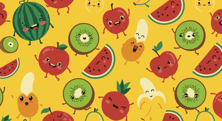 Cheerful cartoon fruits pattern featuring apples, kiwis, bananas, and watermelons with happy faces, perfect for kids' products, textile prints, and vibrant branding designs.