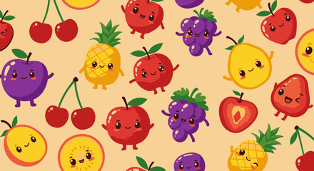 Fototapeta premium A playful and colorful seamless pattern featuring an array of adorable cartoon fruits with cheerful expressions, perfect for adding a touch of whimsy to any design project.