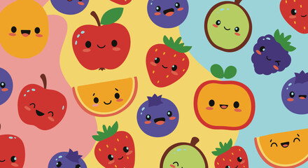 Fototapeta premium Cheerful cartoon fruit pattern featuring smiling apples, strawberries, blueberries, oranges, and melons on a colorful and playful background, perfect for children's designs.
