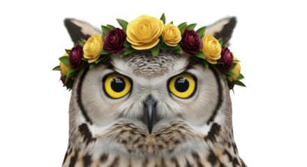 Owl wearing a floral crown isolated on a transparent background bird wildlife