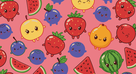 A vibrant seamless pattern displays an assortment of adorable kawaii-style fruits, including strawberries, blueberries, and watermelon slices, on a cheerful pink background.