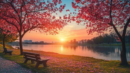 park with pink trees and water, background, sunset