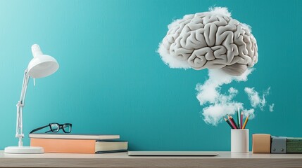 photo of a brain on desk with a thought bubble made of clouds coming out of it