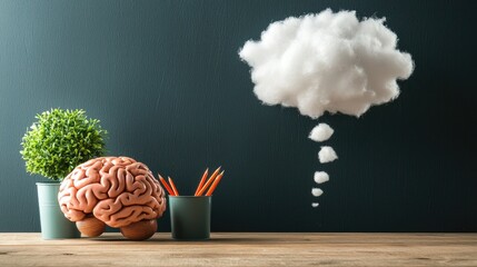 photo of a brain on desk with a thought bubble made of clouds coming out of it