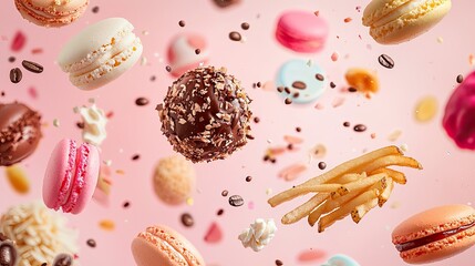 Pictures of delicacies falling from the sky, including desserts, fries, coffee, ice cream, rice, noodles, macaron tones, and cute style