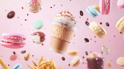 Pictures of delicacies falling from the sky, including desserts, fries, coffee, ice cream, rice, noodles, macaron tones, and cute style