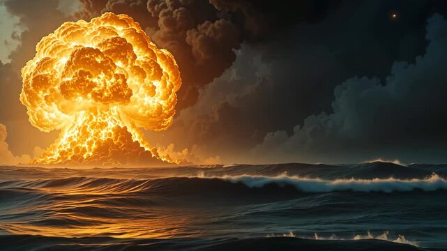 Massive orange nuclear mushroom cloud explosion over ocean waves under dark stormy sky, concept of destruction and apocalypse