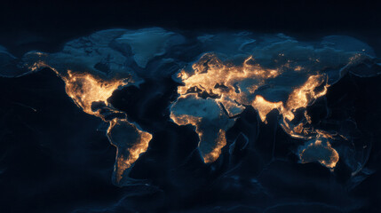  digital world map highlighting urban areas with glowing lights, showing global population density and city locations at night.
