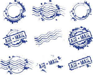 set of grunge rubber stamps, blue ink vector postage stamps isolated on transparent background collection