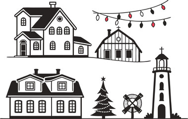 Fototapeta premium Collection of stylized black and white buildings and christmas elements on white background
