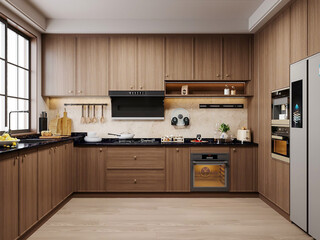 3D render of a modern L-shaped kitchen with wooden cabinetry, integrated appliances, black...