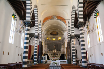 Historic Building the Church Saint John the Baptist interior in Monterosso al Mare, Cinque Terre,...