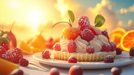realistic sunny scene photo of desserts time close up