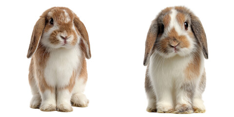 Two adorable lop eared rabbits sitting upright with brown and white fur on a black background © junaid