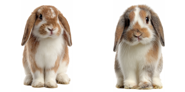 Two adorable lop eared rabbits sitting upright with brown and white fur on a black background