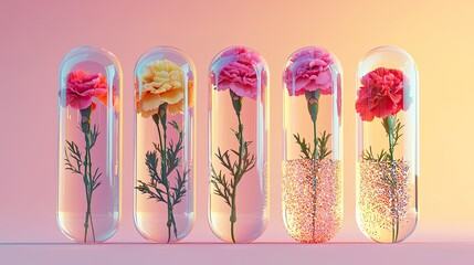 Several carnations in a transparent capsule made of thick glass, a cyberpunk capsule, water and sequins inside the capsule, a gradient of light shades 