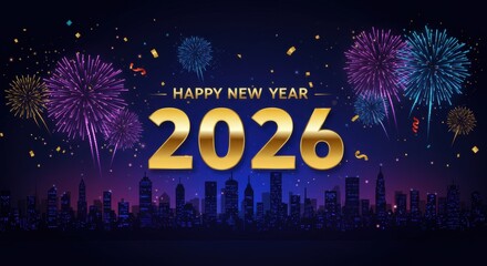 Vibrant fireworks celebrate 2026 over city skyline with happy new year message