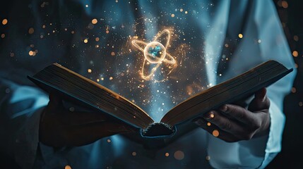 scientist reading a book about quantum mechanics history and an atom is flying from the book , 8k, ultra details, hyper realistic, depth of field
