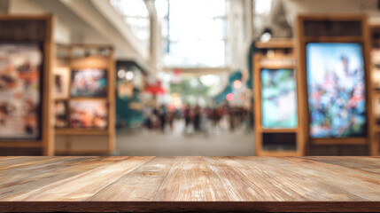 Wooden Table with Blurred Awareness Event Background and Cultural Displays

