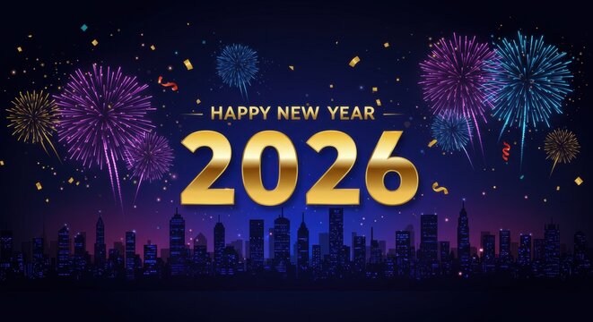 Vibrant fireworks celebrate 2026 over city skyline with happy new year message
