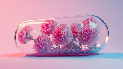 Several carnations in a transparent capsule made of thick glass, a cyberpunk capsule, water and sequins inside the capsule, a gradient of light shades