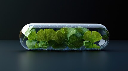 several green ginko biloba herbs in a transparent capsule made of thick glass, a soft minimalist capsule, water and sequins inside the capsule