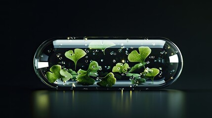 several green ginko biloba herbs in a transparent capsule made of thick glass, a soft minimalist capsule, water and sequins inside the capsule
