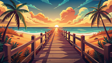 A sandy path lined with wooden fences leads toward the ocean in Miami Beach, Florida, bathed in the warm glow of sunrise or sunset. The scene is styled with a retro Instagram filter