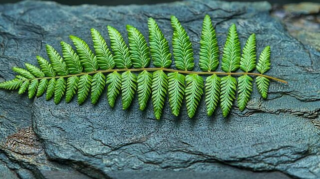 Vibrant green fern on dark stone