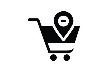 Shopping Cart Icon:  Modern Minimalist Black and White Design, Location Pin Showing Removal or Deletion, E-commerce Concept, Digital Marketing Graphic, Simple Flat Style, Website or App Interface Elem