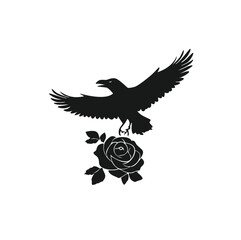 Black bird perched on a rose with open wings silhouette
