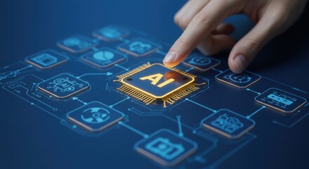 Photo of a hand points to an ai chip on a digital network interface