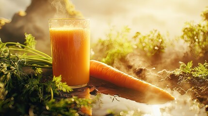 Stock photo Next to a glass of freshly squeezed carrot juice lies a beautiful, juicy carrot. Warm light and natural composition emphasize the freshness 
