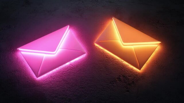 Neon-lit envelopes in contrasting colors on a textured surface, creating a vibrant digital aesthetic