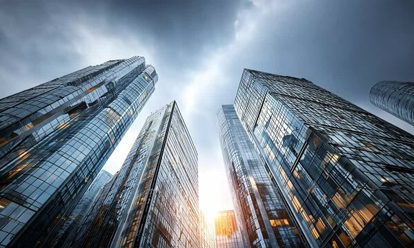Modern Skyscrapers at Sunset with Dramatic Sky