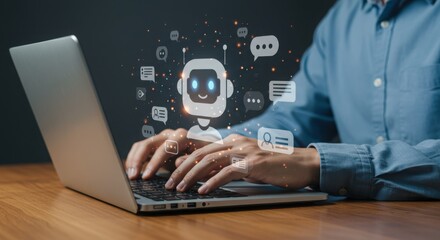 Photo of a man uses a laptop with a digital robot and chat bubbles appearing above the keyboard