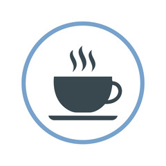 Dark blue steaming coffee cup on saucer within blue circle vector