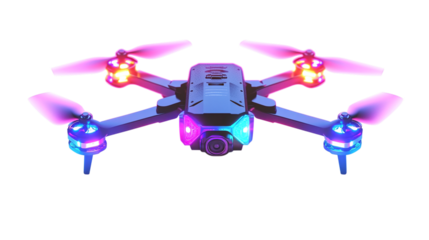 • A compact, foldable drone with vibrant LED lights, isolated on white background in HD 