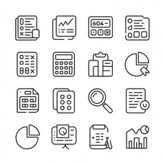 Black and white line art depicts sixteen businessrelated icons arranged in a fourbyfour grid pattern