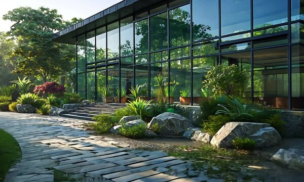 Modern Glass Building Exterior with Lush Garden Landscape