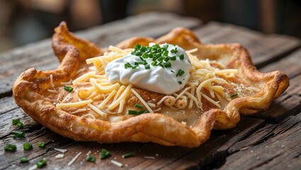 Hungarian langos fried dough topped with sour cream and cheese.