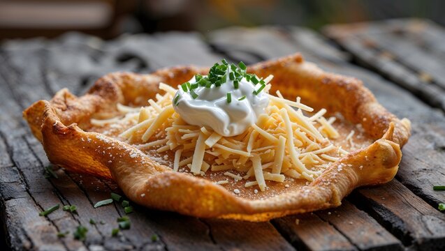 Hungarian langos fried dough topped with sour cream and cheese.