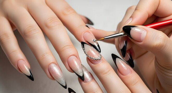 Close-up view of a manicurist applying nail art on elegant, long, acrylic nails.