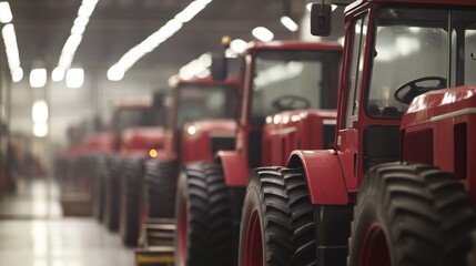 Red tractors in a factory