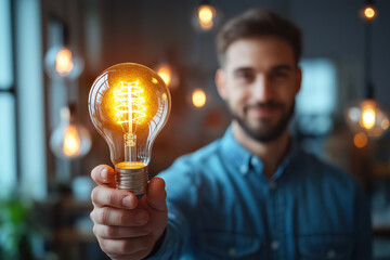 Smiling Man Holding Glowing Light Bulb in Focus, Concept of Innovation and Bright Ideas