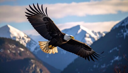 Bald Eagle Soaring Above Mountains 